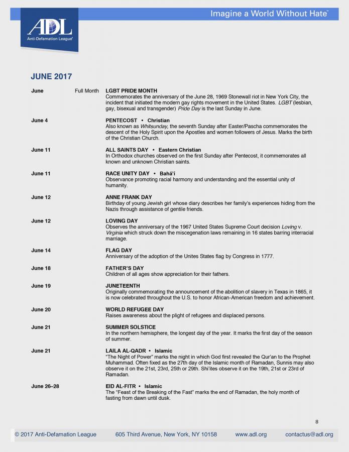 Anti-Defamation League Calendar of Observances 2017 June