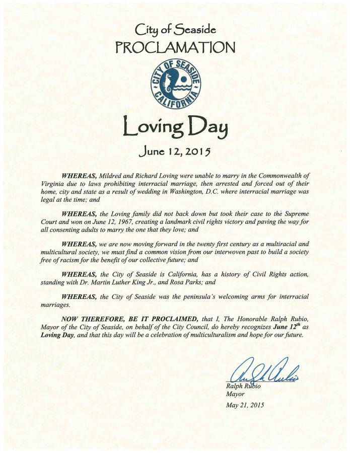 Loving Day Proclamation Seaside CA 06/12/12