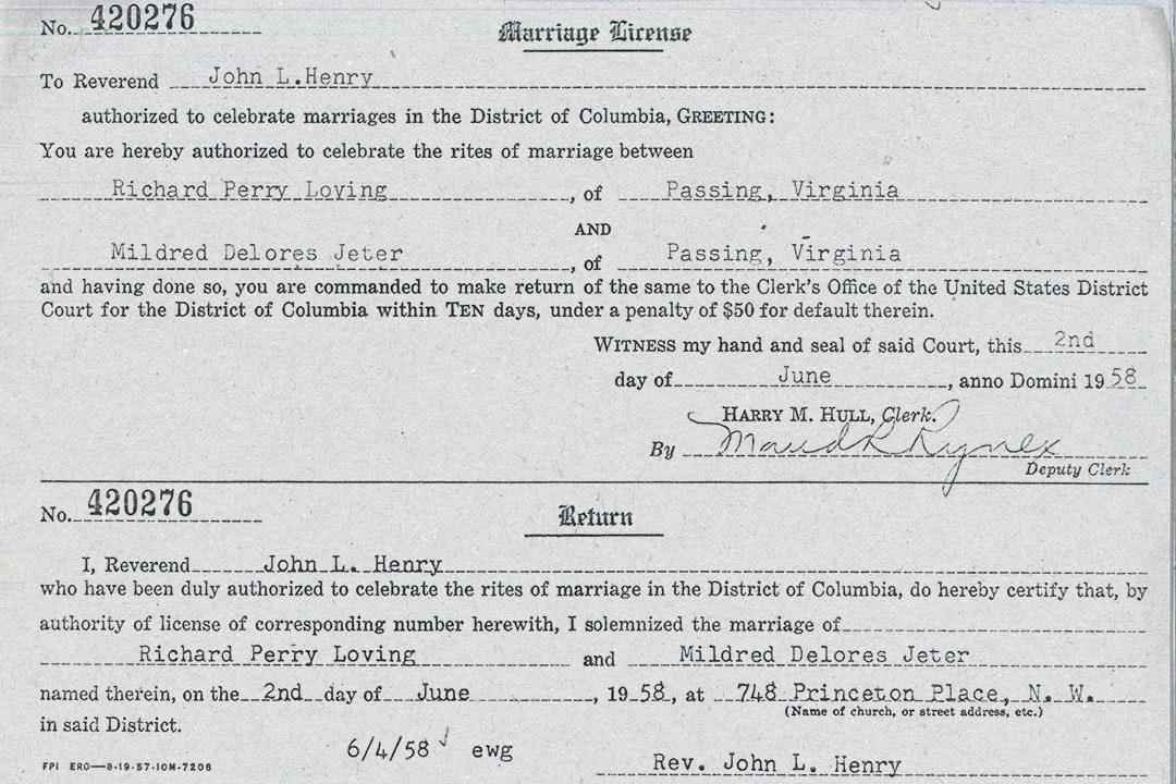 Marriage license document for Richard Perry Loving and Mildred Delores Jeter from Washington, DC dated June 2nd, 1958 and also includes the name of Reverend John L. Henry.
