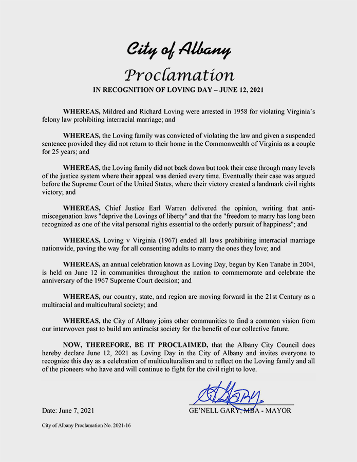 Loving Day Proclamation Albany CA 06/7/21