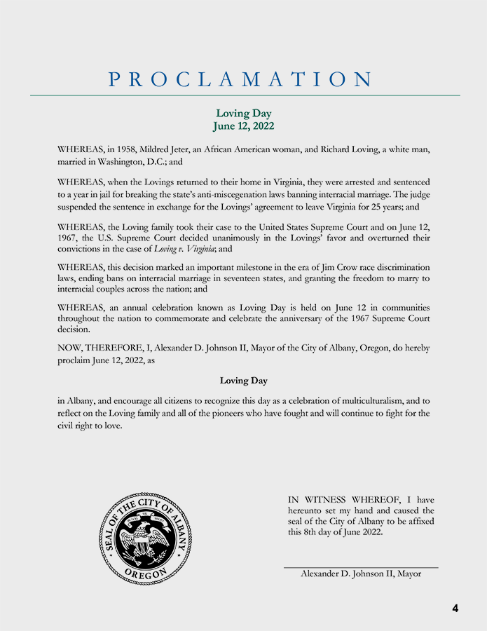 Loving Day Proclamation Albany OR 06/8/22