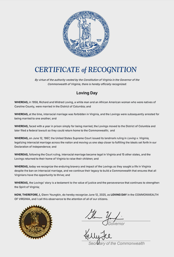 Loving Day State of Virginia Proclamation 6/12/25