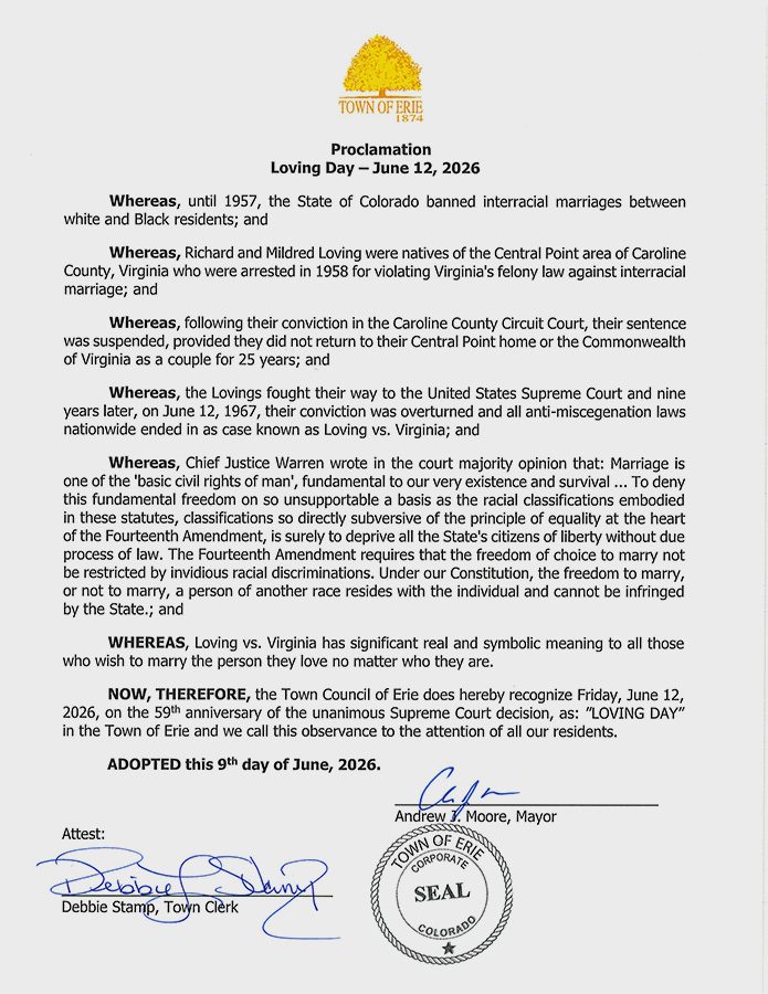 Loving Day Proclamation Erie, CO 6/9/26